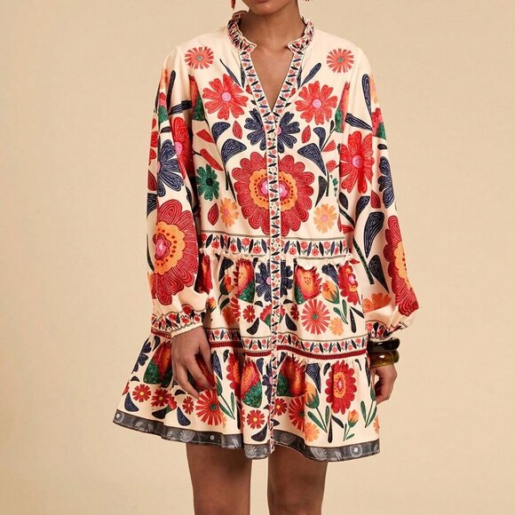 Multicolor Boho Women's Printed Loose Smock Dress - Picture 3 of 6